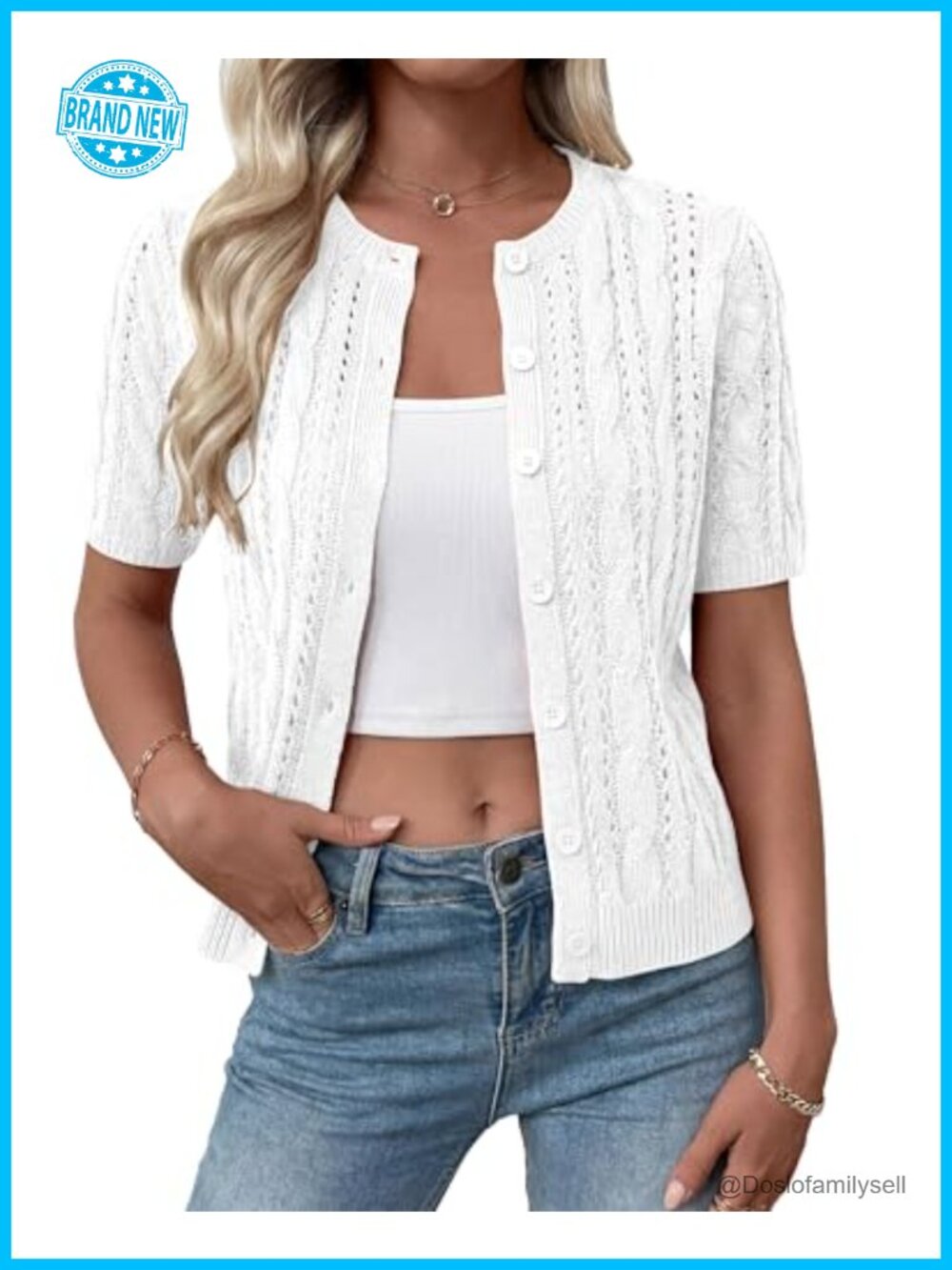 Women's Crochet Cable Knit Short Sleeve Button Cardigan Lightweight Summer